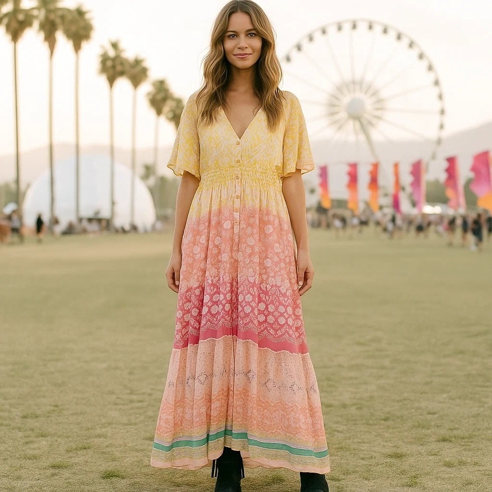 House of Harlow 1960 Ruffled Tiered Floral Maxi Dress Small Boho Festival Resort